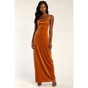 Lulus Immensely Impressive Marigold Yellow Velvet Cowl Neck Maxi Dress - Size L